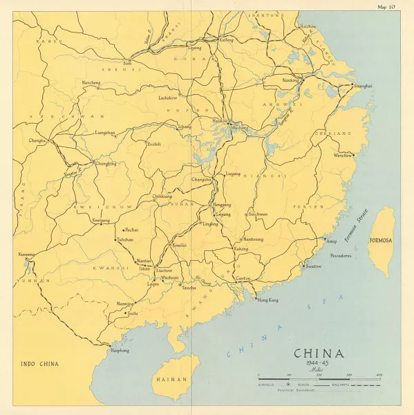 China 1944-45. World War 2. Airfields roads railways 1965 old vintage map