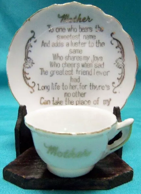 Vintage MOTHER Demitasse Cup & Saucer Set GOLD TRIM Wood Stand