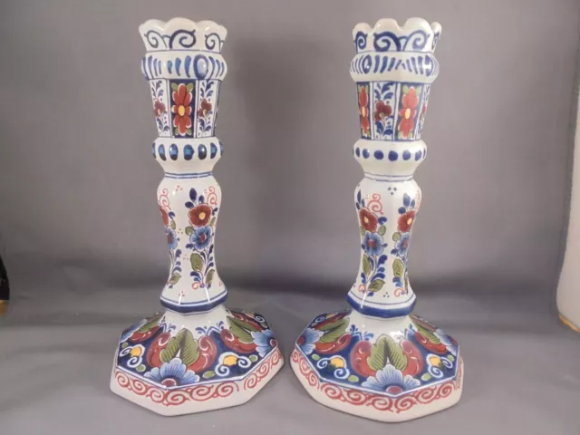 Pair Oud Delft Holland HP Polychrome Candlesticks Octagonal 7 1/8" One As Is