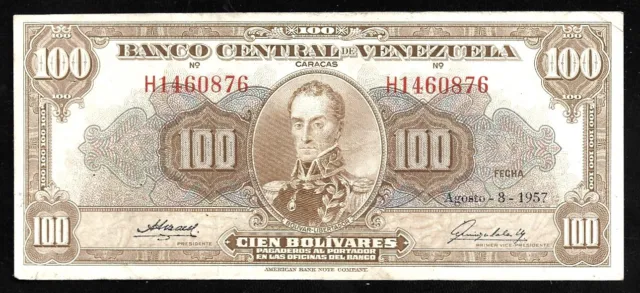 World Paper Money - Venezuela 100 Bolivares 1957 P34b Series H7 @ Crisp VF