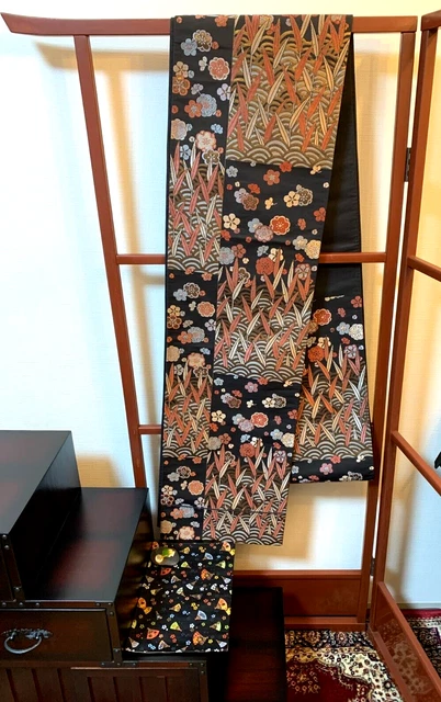 Japanese Kimono Fukuro Obi (Kimono Sash) Silk Flowers BlackVintage&Teamat/2Items