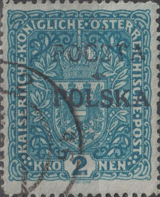 25,5 x 29 mm USED 1919 POLAND 2 Kr Coat of Arms POCZTA POLSKA OVERPRINT Austrian