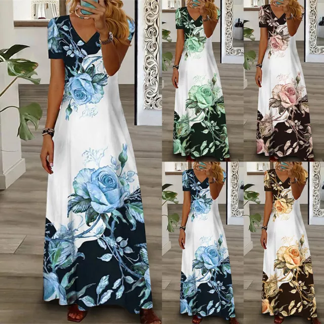 Womens Boho Floral Maxi Dress Summer Beach Holiday Short Sleeve V Neck Sundress