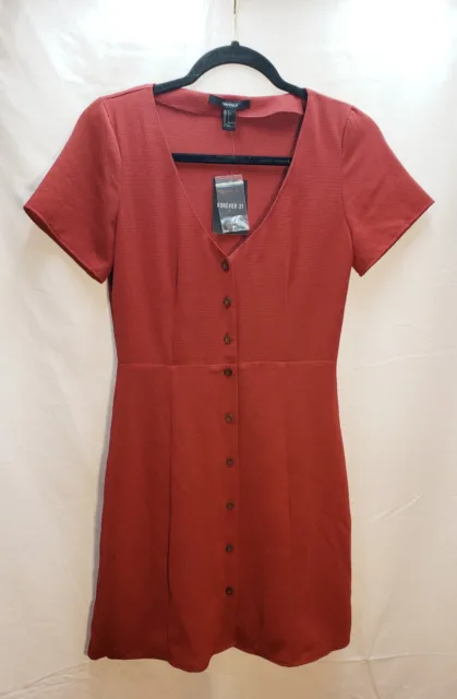 Forever 21 Burgandy Red Fit and Flare Skater Dress V-Neck Button Size Small