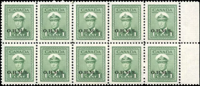 Canada Mint NH VF 1c Scott #O1 Block of 10 1949-50 KGVI OHMS Official War Stamps