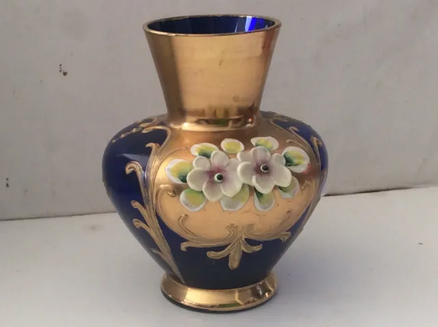 Petit Vase Cristal De Murano Vintage. Décor Main Or Fin et Fleurs Porcelaine