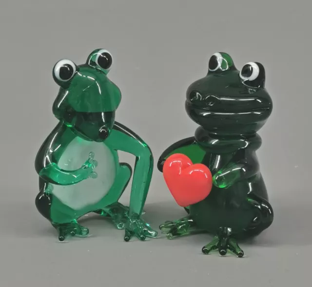 9912104-x Set 2 Vetro Figure Amanti Rana Cuore H4-5cm Soffiato Bocca