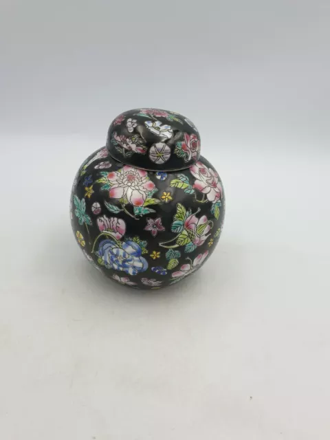 Chinese Porcelain 5” Lidded Ginger Jar Pot Hand Painted Multi Floral On Black