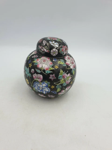 Pot De Gingembre 5 Pouces En Porcelaine Chinoise Peint À La Main Multi Floral Sur Noir
