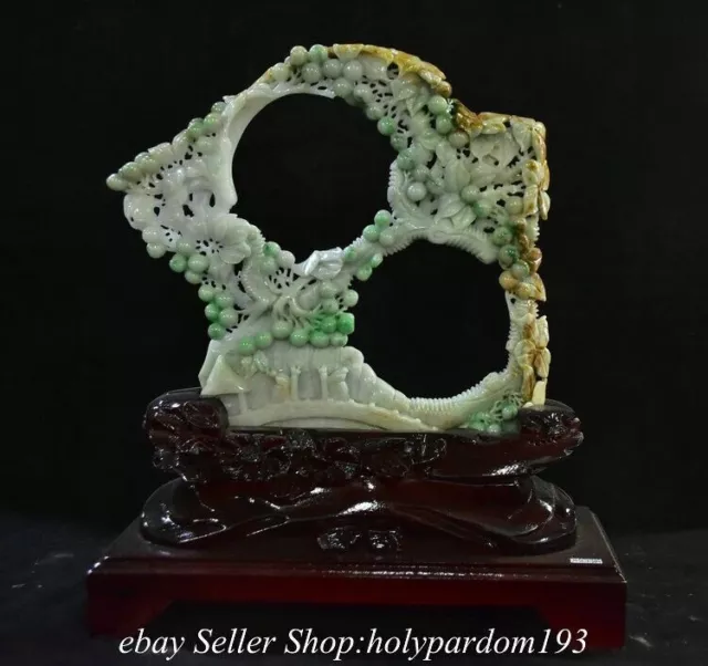 12" Old Chinese Natural Emerald Jade jadeite Carved Tree Flower Bird Statue