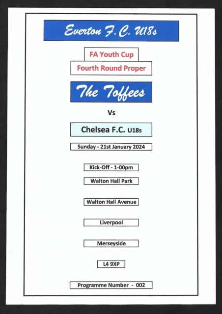 EVERTON U18s v CHELSEA U18s 21.01.24 FA YOUTH CUP - 3rd ROUND PROGRAMME