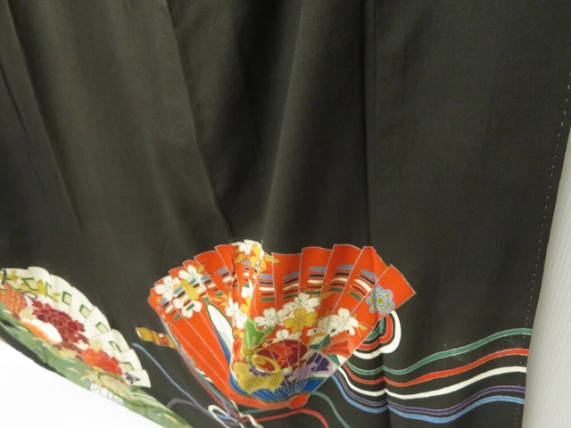 2213T07z830 Antique Japanese Kimono Silk TOMESODE Hand drum Black 4