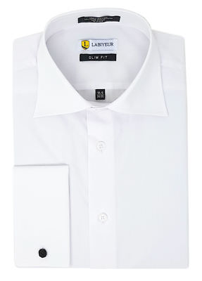 Labiyeur Men's Slim Fit French Cuff Poplin Cotton Blend Solid White Dress Shirt