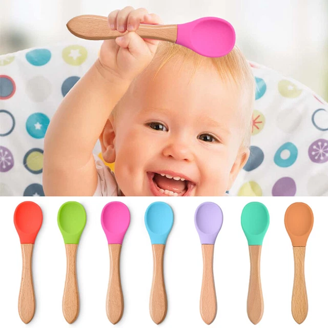 Cubiertos suaves para bebé cuchara de alimentación artículos de mesa silicona madera mango seguridad U >