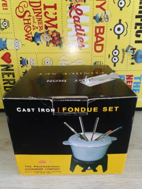 Juego de fondue de hierro fundido azul con caja y tenedores