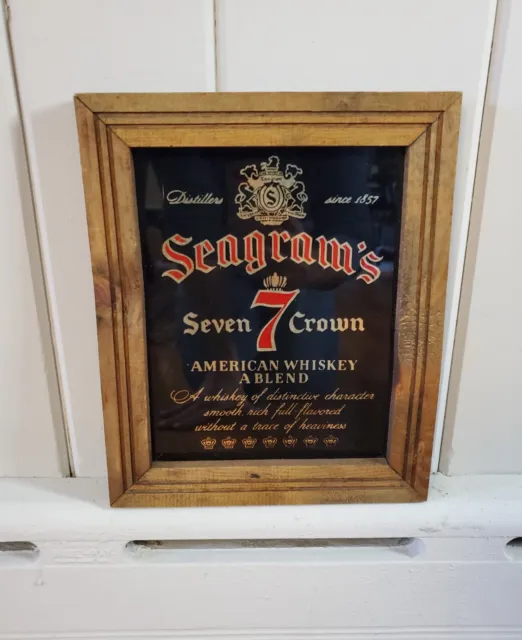 Vintage Seagrams Seven 7 Crown Wiskey Bar Sign Mirror Carnival Prize Wood Framed