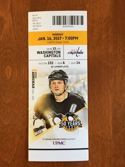 Full Ticket 1/16/17 Washington Capitals @ Pittsburgh Penguins  Malkin Hat Trick