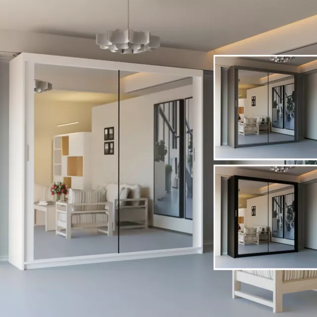 Chicago Modern Double Sliding Mirror Door Bedroom Wardrobe in 3 Colors 5 Sizes