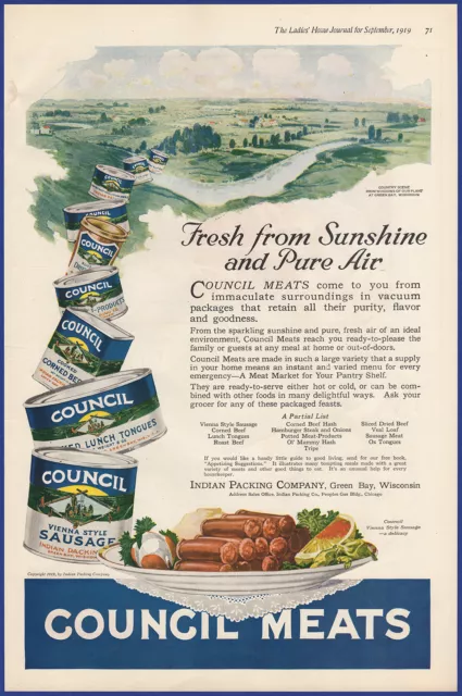 Vintage 1919 COUNCIL MEATS Canned Indian Packing Art Ephemera 20's Print Ad
