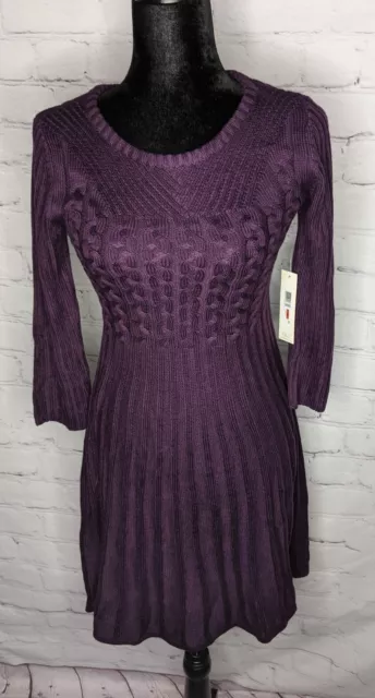 Eliza J Fit & Flare Purple Knit Sweater Dress XS 3/4 Sleeve Crew Neck