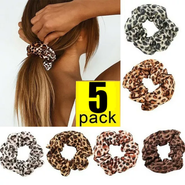 Set of 5 Leopard Print Hair Tie Women Elastic Hair Rope Ring Scrunchies Ponytail