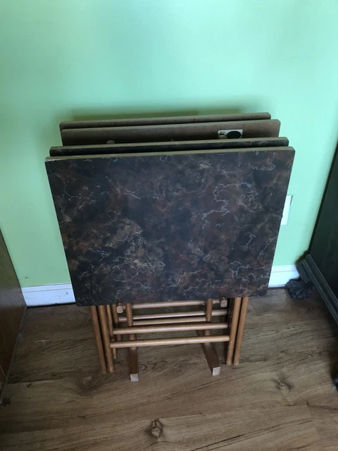 VTG Scheibe MCM Folding Marbled Wood TV Tray Tables Set Of 4 W/ Carrier Stand VTG Scheibe MCM Folding Marbled Wood TV Tray Tables Set Of 4 W/ Carrier Stand