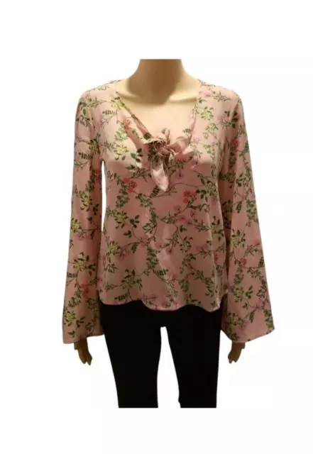 TEN SIXTY SHERMAN Blouse Shirt XS Pink Floral Pattern Bell Sleeve Bow Neckline