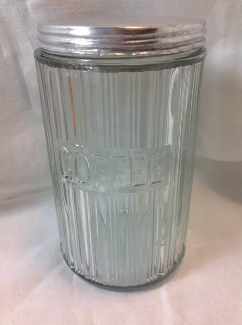Hoosier Style Ribbed Glass Embossed Coffee Canister Jar with Aluminum Lid