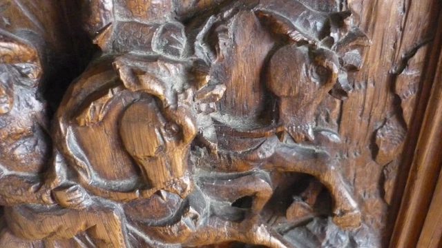 Antique French Hunting Style Carved Panel in Solid Oak Wood riders and falcon 3