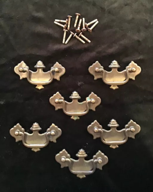 6 Vintage Brass Chippendale Style Drop Bail Drawer Pulls W/Screws,2 1/2" Centers