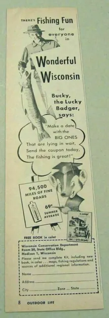 1954 Print Ad Wisconsin Conservation Dept Musky Fishing Bucky the Lucky Badger