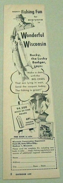 1954 Print Ad Wisconsin Conservation Dept Musky Fishing Bucky the Lucky Badger