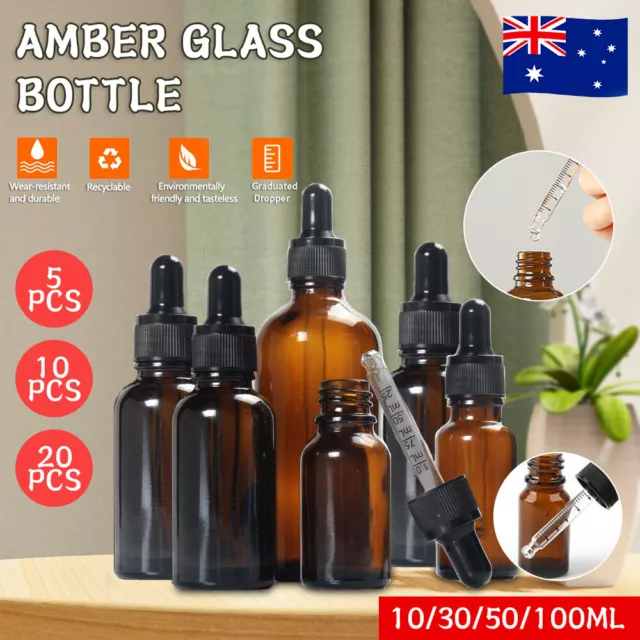 10-100ML Amber Glass Liquid Dropper Reagent Eye Pipette Essential Oils Bottle AU