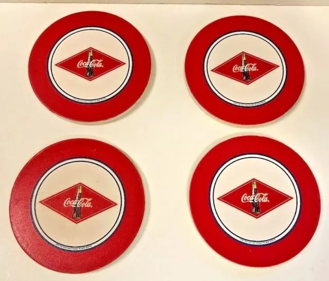 Coca-Cola Red & White 4" Ceramic Coasters with Cork Bottoms 2003