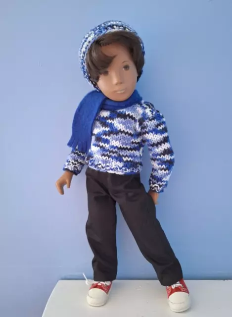 BJB Vtg Sasha doll clothes Hand knit blue mix sweater black jeans outfit 4pcs