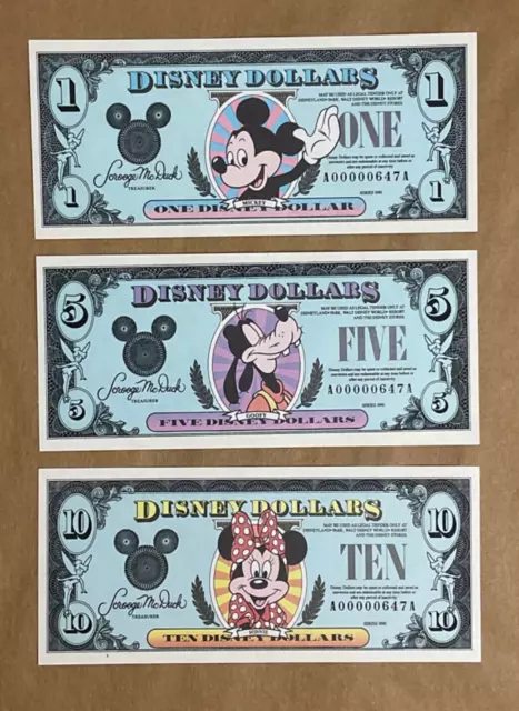Disney Dollars 1990 $1-$5-$10 "AA" Series 3 Pcs Set Matching Serial #647 Uncirc