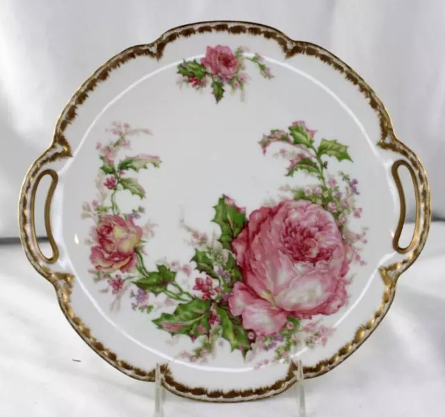 Rare Christmas Rose Haviland Limoges Two Handled Cake Plate Double Gold Stunning