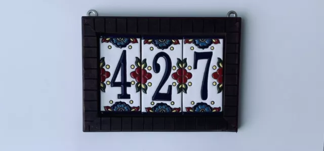 House Address Number Tiles Mounted on Wood Ceramic Tiles 6X3"  with hanger