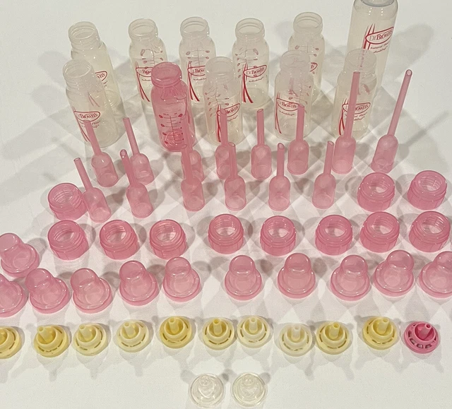 Dr. Brown’s 8oz 4 oz Baby Bottles Lot Of 10 Caps Lids Vents Pink Clear Wide