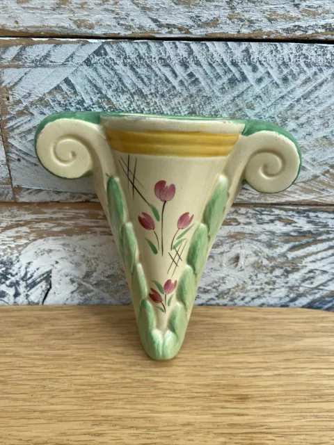 Vintage Pottery Creamy Yellow Floral Design Wall Pocket Vase Sconce 6” Length