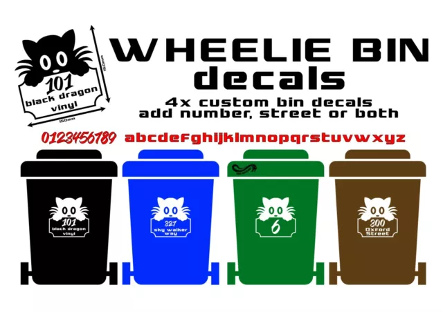 Set of 4 Cat Wheelie Bin Number Stickers Custom House Vinyl Graphic Decal