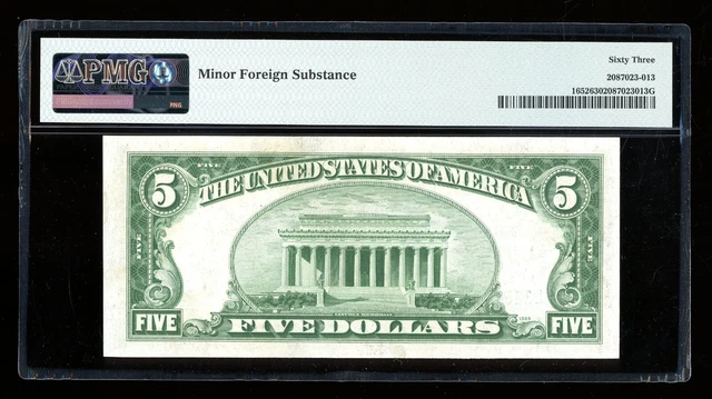 DBR 1934-B $5 Silver Fr. 1652 Vinson LA Block PMG 63 Serial L32547476A 2