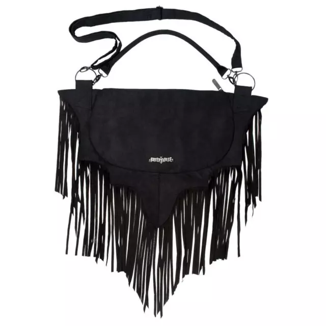 Kreepsville 666 Bat Wing Fringe Large Shoulder Bag Purse Black Faux Suede Gothic