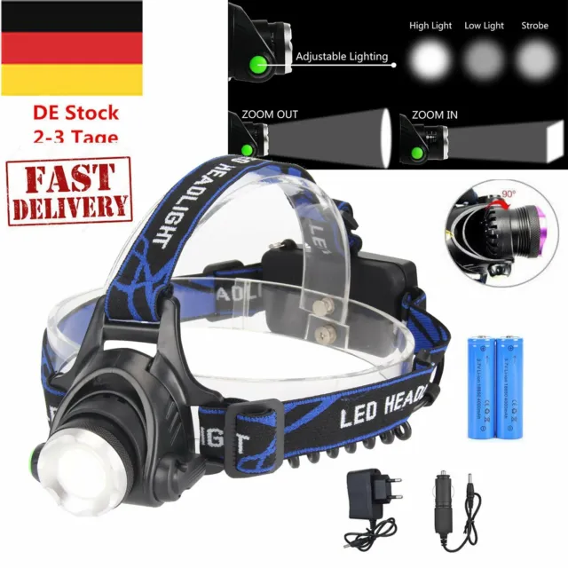 DE LED Stirnlampe Kopflampe CREE XML T6 mit Akku und Autoladeadapter bike Light