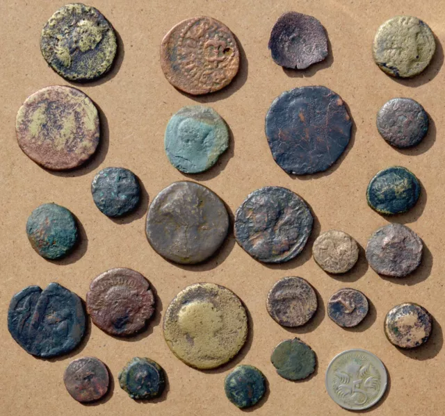 Lot of 25 unidentified genuine ancient Greek, Roman and Islamic coins