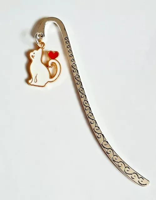 Love Heart White Cat Charm Cat Lover Tibetan Silver Bookmark Gift UK