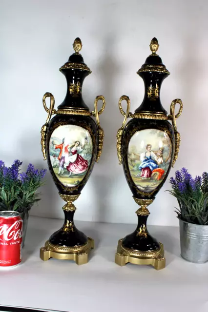 PAIR ACF sevres marked porcelain romantic decor vases cobalt blue rare