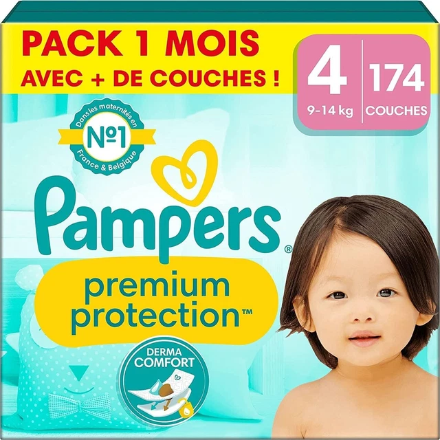Pampers CouchesPremium Protection Taille 4 (9-14 kg), 174 Couches Bébé, Blanches