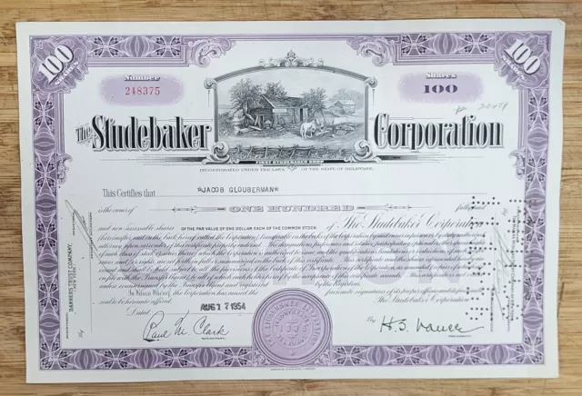 Stock Certificate Studebaker Corporation 100 Shares