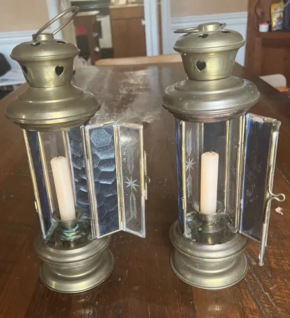 Rare Vintage 50s Brass Candle Lanterns Etched Blue/Clear Glass 6 Panels Set Of 2